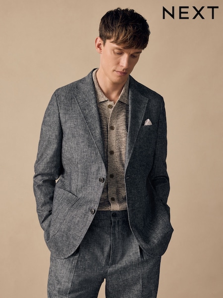 Blue Slim Fit Linen Blend Suit Jacket (E94523) | £99