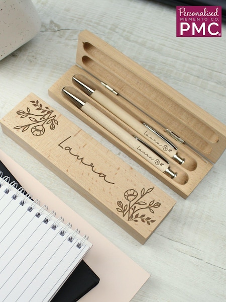 Personalised Floral Wooden Pen & Pencil Box Set by PMC (E94655) | £18