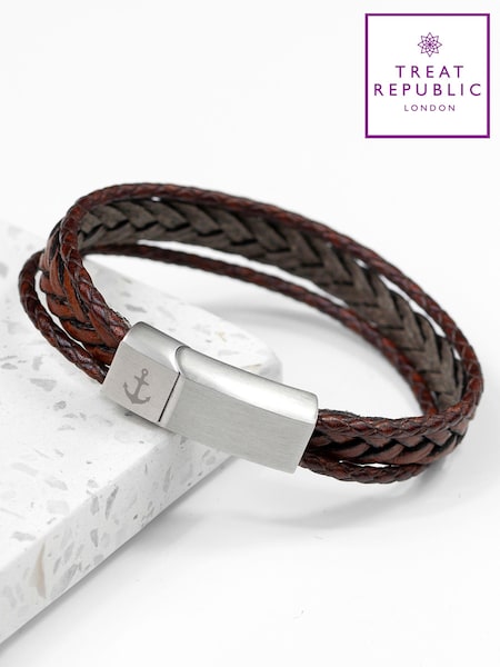 Treat Republic Mens Personalised Woven Layered Leather Brown Bracelet (E94690) | £36