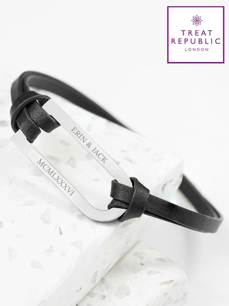 Treat Republic Mens Personalised Shoreditch Leather Black Bracelet (E94693) | £32