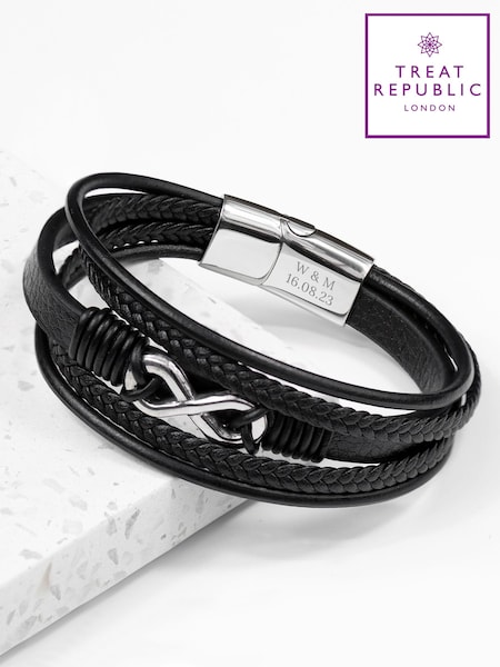 Treat Republic Mens Personalised Infinity Gunmetal Leather Stacked Black Bracelet (E94696) | £36