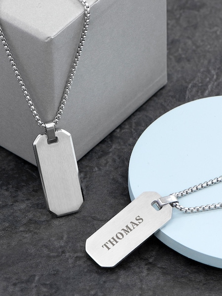 Treat Republic Silver Tone Personalised Men's Brushed Steel Dog Tag Necklace (E94701) | £30