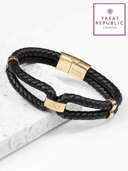 Treat Republic Mens Personalised Infinity Dual Leather Black Bracelet (E94720) | £36