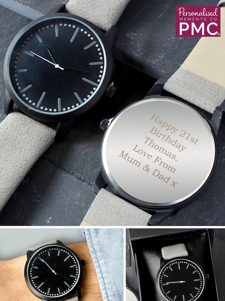 PMC Personalised Mens Matte Black Watch with Grey Strap and Presentation Box (E94783) | £30