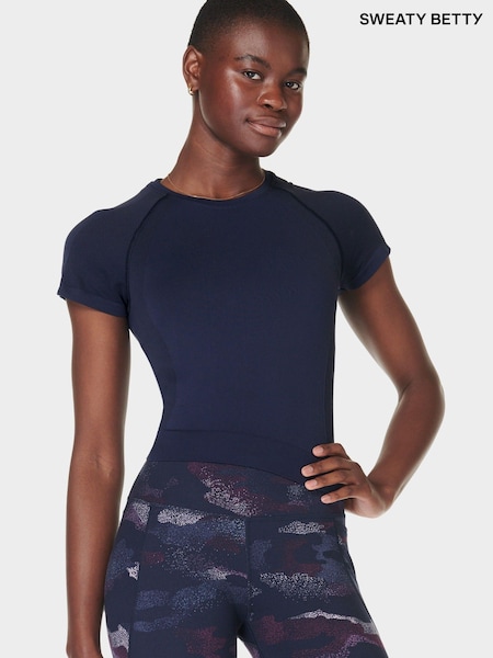Sweaty Betty Blue Athlete Crop Seamless Workout T-Shirt (E95045) | £40