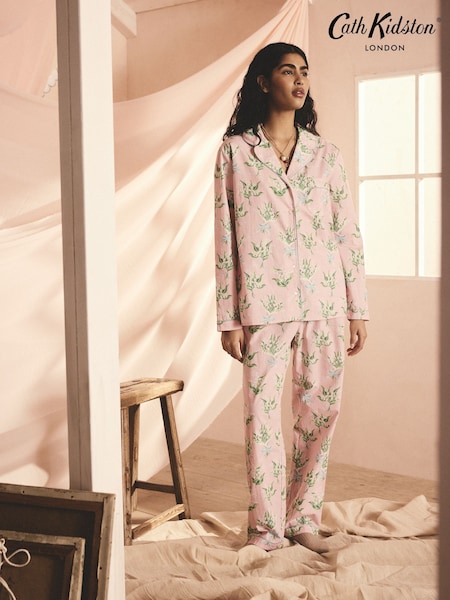 Cath Kidston Pink Lily Of The Valley 100% Cotton Button Up Pyjamas (E95138) | £49