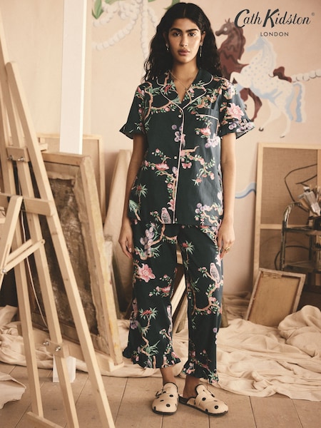 Cath Kidston Green Birds 100% Cotton Button Through Short Sleeve Pyjamas (E95140) | £46