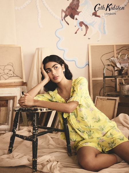 Cath Kidston Yellow Lily of the Valley 100% Cotton Frill Short Pyjamas (E95151) | £42