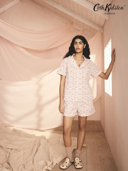 Cath Kidston Ecru Lovely London 100% Cotton Button Through Short Pyjamas Set (E95158) | £42