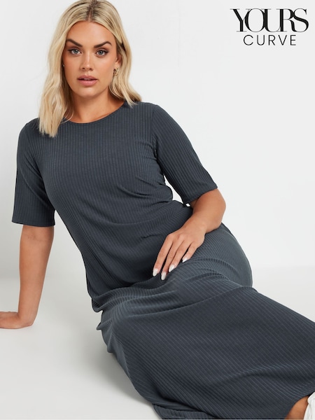Yours Curve Grey Short Sleeve Ribbed Swing Maxi Dress (E95307) | £31