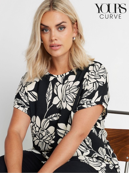 Yours Curve Black Round Neck Textured Grown On T-Shirt (E95311) | £24