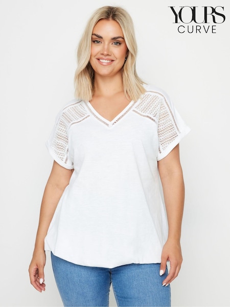 Yours Curve White Grown On Sleeve Bubble Hem Crochet 100% Cotton Top (E95326) | £22