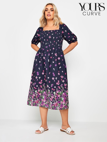Yours Curve Pink Limited Shirred Square Neck Border Dress (E95330) | £37