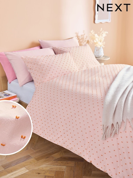 Pink 100% Cotton Spot Dobby Duvet Cover and Pillowcase Set (E95336) | £45 - £75