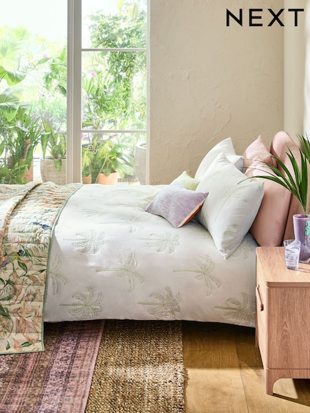 Natural Palm Tree Quilted Duvet Cover and Pillowcase Set (E95339) | £50 - £80