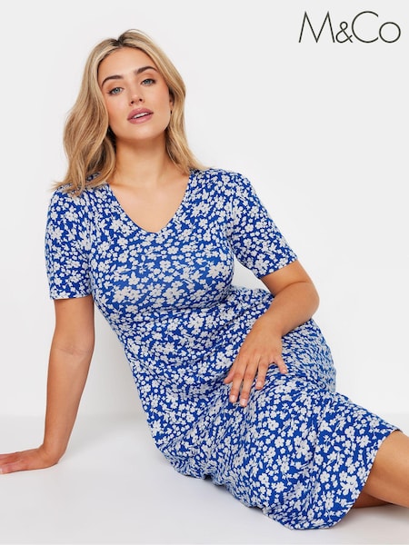 M&Co Blue Ditsy V-Neck Midi Dress (E95458) | £39