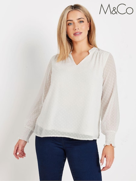 M&Co White Long Sleeve Spot Detail Blouse (E95516) | £31