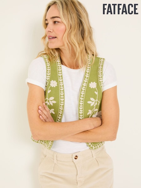 FatFace Olive Green 100% Cotton Embroidered Jersey Waistcoat (E95679) | £25