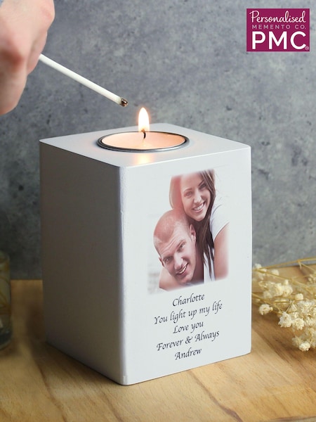 Personalised Photo Upload White Wooden Tea Light Candle Holder by PMC (E95786) | £17