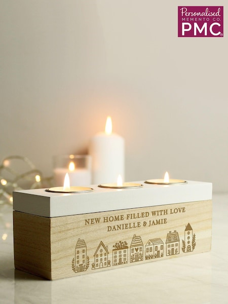Personalised New Home Wooden Tea Light Candle Holder & Storage Box by PMC (E95795) | £17