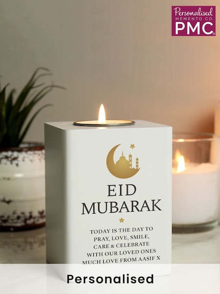 Natural Personalised Eid White Wooden Tea Light Holder by PMC (E95804) | £18