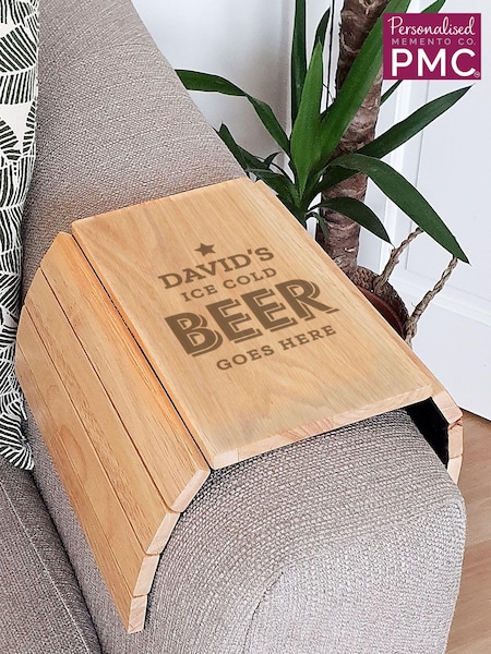 Natural Personalised Beer Goes Here Wooden Sofa Tray by PMC (E95806) | £24