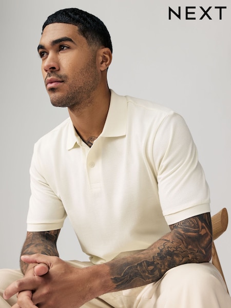 Ecru Cream Textured Waffle Button Through 100% Cotton Polo Shirt (E96153) | £20