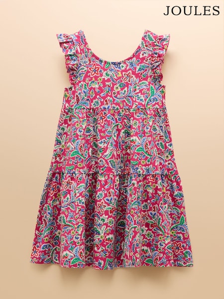 Joules Butterly Bright Pink Print Frill Sleeve Dress (E96234) | £19 - £23