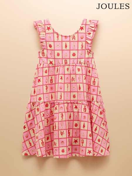 Joules Butterly Pink/Cream Print Frill Sleeve Dress (E96236) | £19 - £23