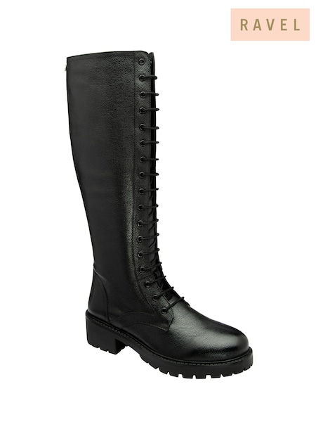 Ravel Black Leather Round-Toe Zip-Up Knee-High Boots (E96397) | £130