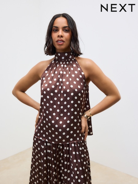 Brown Glossy Satin Polka Dot Halter Top (E96466) | £16
