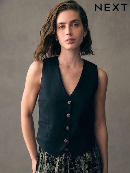 Black Button Through Waistcoat With Linen (E96481) | £12.50