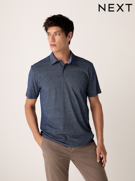 Navy Blue Geo Short Sleeve Print Polo Shirt (E96563) | £20