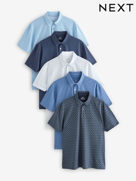 Blue Geo / Blue Plains Regular Fit Short Sleeve Jersey Polo Shirts 5 Pack (E96564) | £69