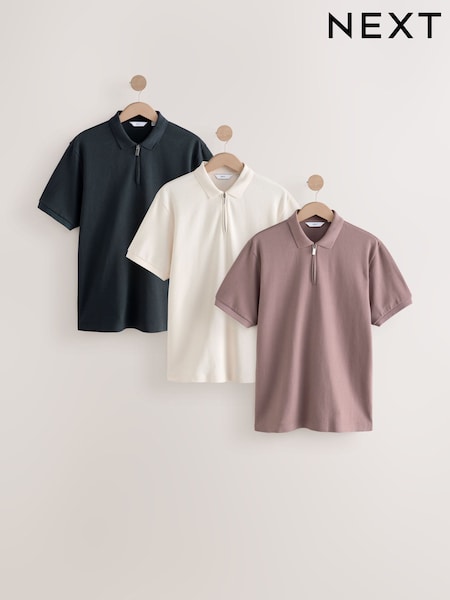 Pink, Ecru, Navy Relaxed Fit 100% Cotton Textured Polo Shirts 3 Pack (E96593) | £64