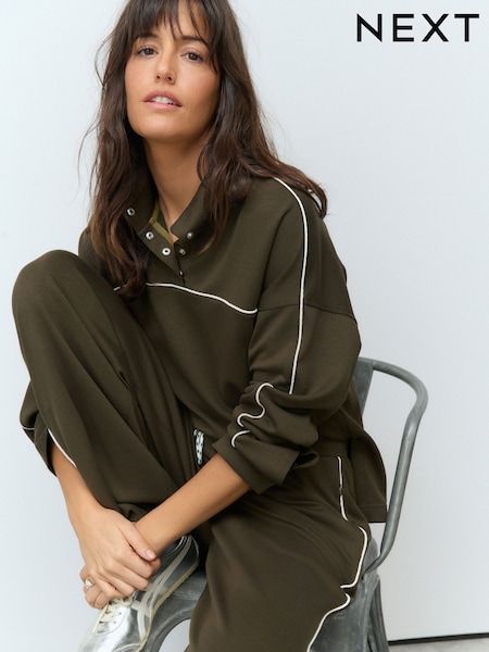Forest Green/Ecru Slinky Popper Neck Tipped Sporty Sweatshirt (E96692) | £38