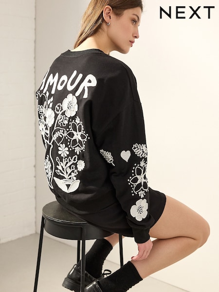 Navy Blue/Ecru Amour Love Heavily Embroidered Luxe Back Graphic 100% Cotton Sweatshirt (E96699) | £44