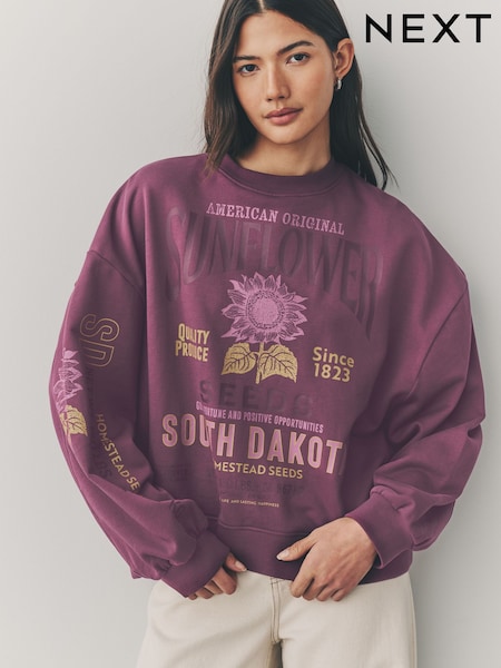 Mauve Purple Sunflower Floral Seed Sack Placement Graphic Crew Neck 100% Cotton Relaxed Fit Sweatshirt (E96703) | £30
