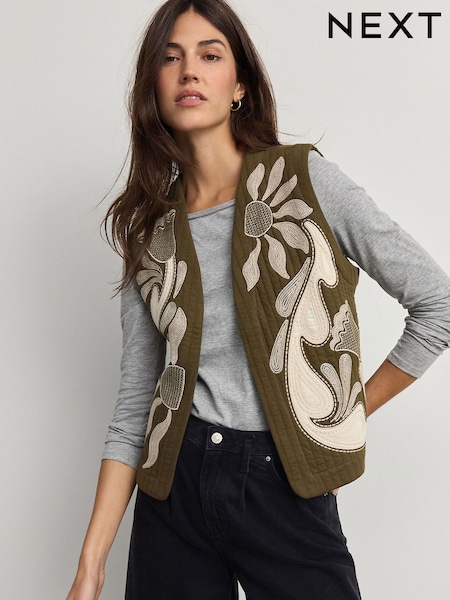 Khaki Green Quilted Floral Pattern Boho Embroidered Gilet (E96710) | £35