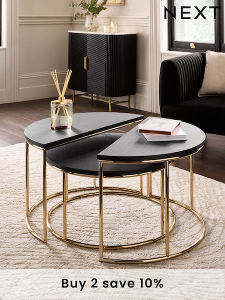 Black Evie Oak Effect Nest of 2, Round Coffee Table (E96808) | £325