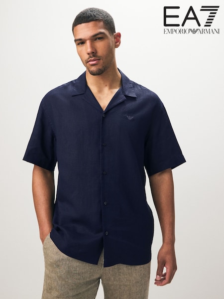 Emporio Armani EA7 Logo Camp Collar Linen Blend Shirt (E96894) | £125
