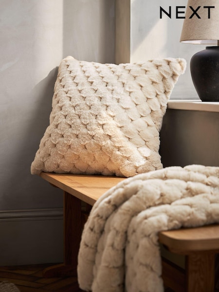 Ivory 59 x 59cm Luna Scallop Faux Fur Cushion (E97067) | £24