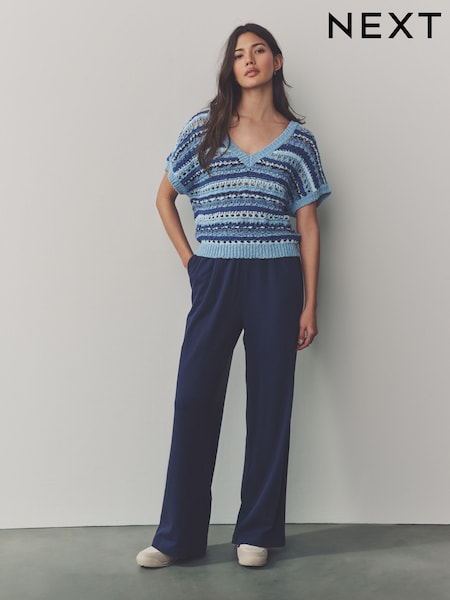 Indigo Blue Textured Jersey Stripe Wide Leg Trousers (E97374) | £35
