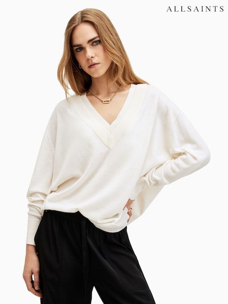 AllSaints White Bern V-Neck Jumper (E97412) | £139