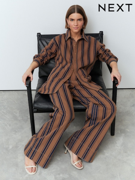 Tan Brown Stripe Elasticated Waistband 100% Cotton Denim Wide leg Jeans (E97798) | £35
