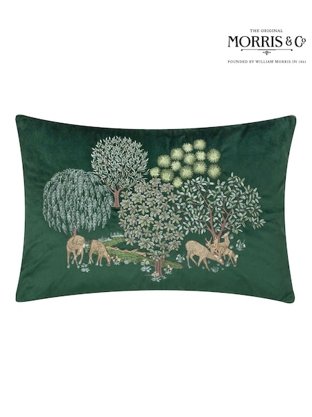 Morris & Co Forest Green The Brook Embroidered Velvet Braided Cushion (E98081) | £48