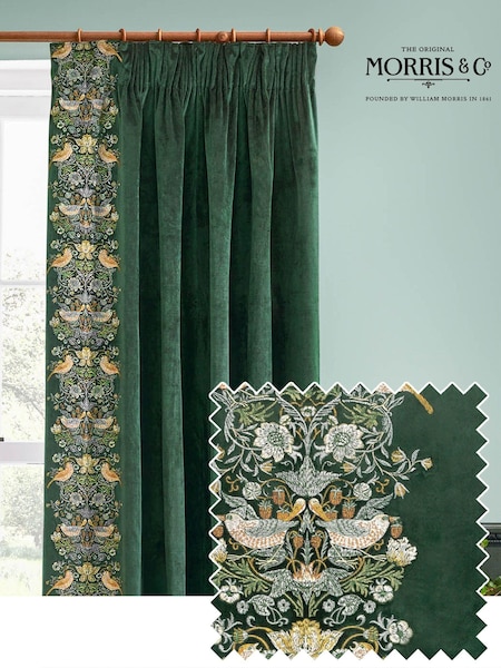 Morris & Co Forest Green Strawberry Theif Embroidered Pencil Pleat Curtains (E98085) | £145 - £310