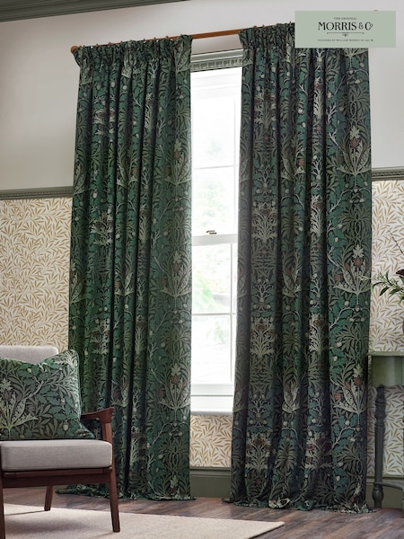 Morris & Co Thyme Forest Acorn Jacquard Chenille Pencil Pleat Curtains (E98087) | £98 - £265
