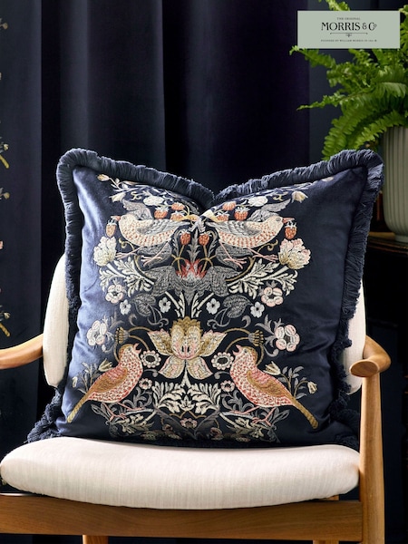 Morris & Co Indigo Strawberry Theif Embroidered Fringed Cushion (E98094) | £52