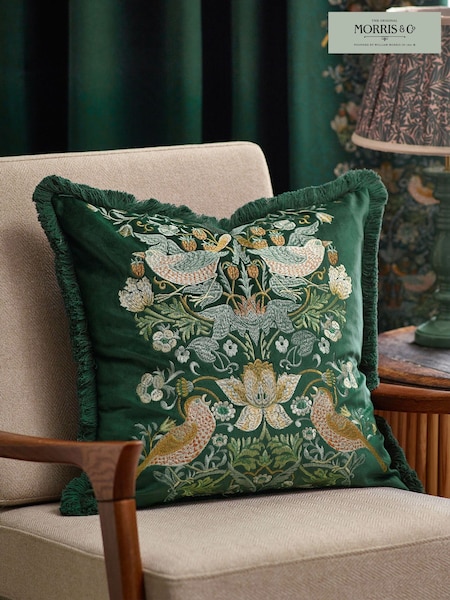 Morris & Co Forest Green Strawberry Theif Embroidered Fringed Cushion (E98098) | £52